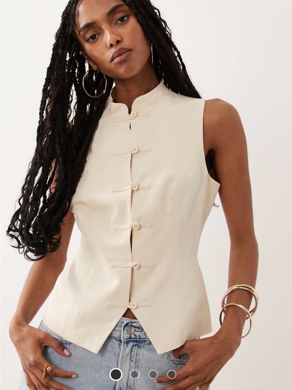 ASOS linen blend mandarin colar vest in ivory with frog- button closures